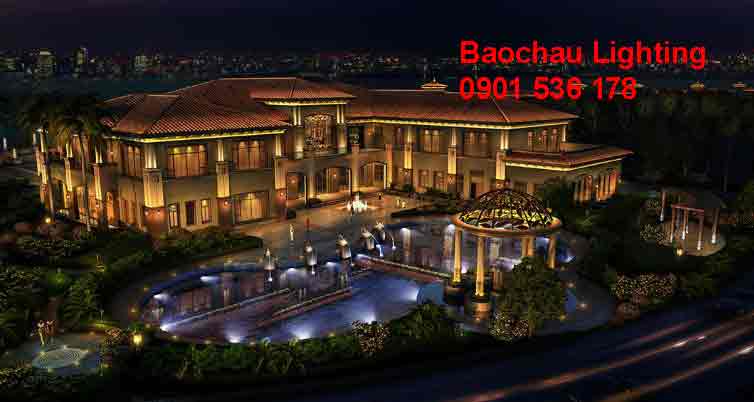 Thiết kế và thi công chiếu sáng facade cho resort nghỉ dưỡng, sử dụng ánh sáng hắt tinh tế hòa quyện với cảnh quan tự nhiên.
