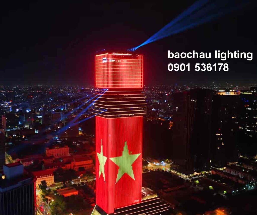 Hệ thống Pixel LED Facade kết hợp đèn Laser chiếu trời tạo hiệu ứng ánh sáng rực rỡ và chuyển động linh hoạt cho tòa nhà cao tầng.