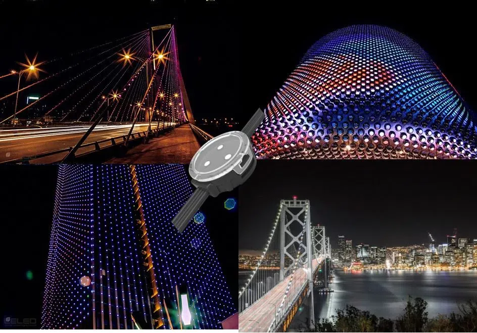 Ứng dụng đèn led pixel node chiếu sáng nghệ thuật mặt đứng tòa nhà kiến trúc phức tạp và cầu đường