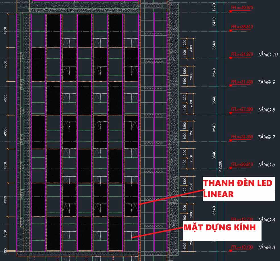 Bản vẽ chi tiết Shopdrawing cơ khí mặt cắt gá kẹp tai nhôm định hình giữ dải đèn thanh LED Linear ẩn khuất sau nẹp nắp chụp hệ vách đố kính đứng Unitized.